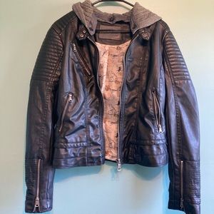 🎁sale Ci Sono Vegan Leather Motorcycle Jacket Sweater Hood Large - black